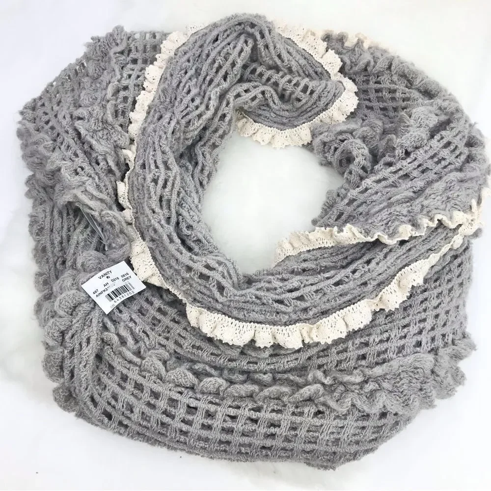 Vanity Gray Open Knit Infinity Scarf with cream lace trim- New With Tags